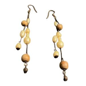 Cream and Wood Beaded Droop Earrings for Pierced Ears